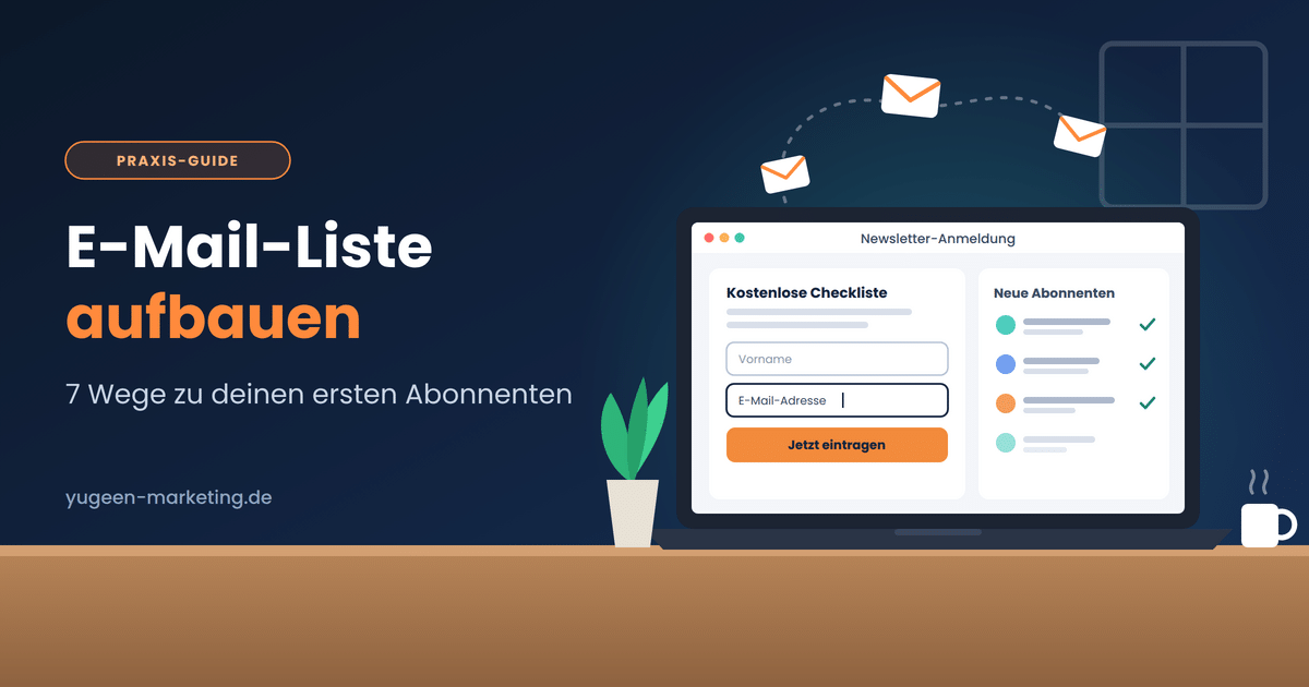 E-Mail-Liste aufbauen – Laptop mit Anmeldeformular und fliegenden E-Mails