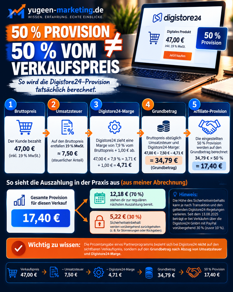 Affiliate Marketing Verdienst: 10 ehrliche Fakten für Anfänger 5 Affiliate Marketing Verdienst: Beispiel zur Digistore24 Provisionsberechnung bei 50 Prozent Provision