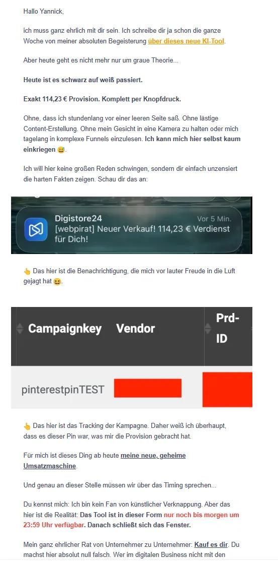 Hidden Cash System Erfahrungen: Was taugt die KI-Software für Pinterest-Affiliate-Marketing wirklich? 6 Hidden Cash System Erfahrungen: Digistore24-Benachrichtigung über 114,23 € Provision und Kampagnenkennung pinterestpinTEST