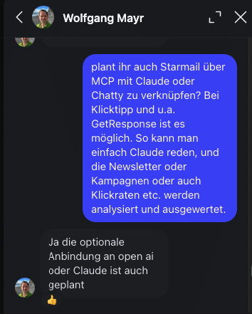 WITE Starmail Erfahrungen: Das Newsletter-Plugin für WordPress im Praxistest 11 Chat mit Wolfgang Mayr zur geplanten Anbindung von WITE Starmail an Claude und OpenAI