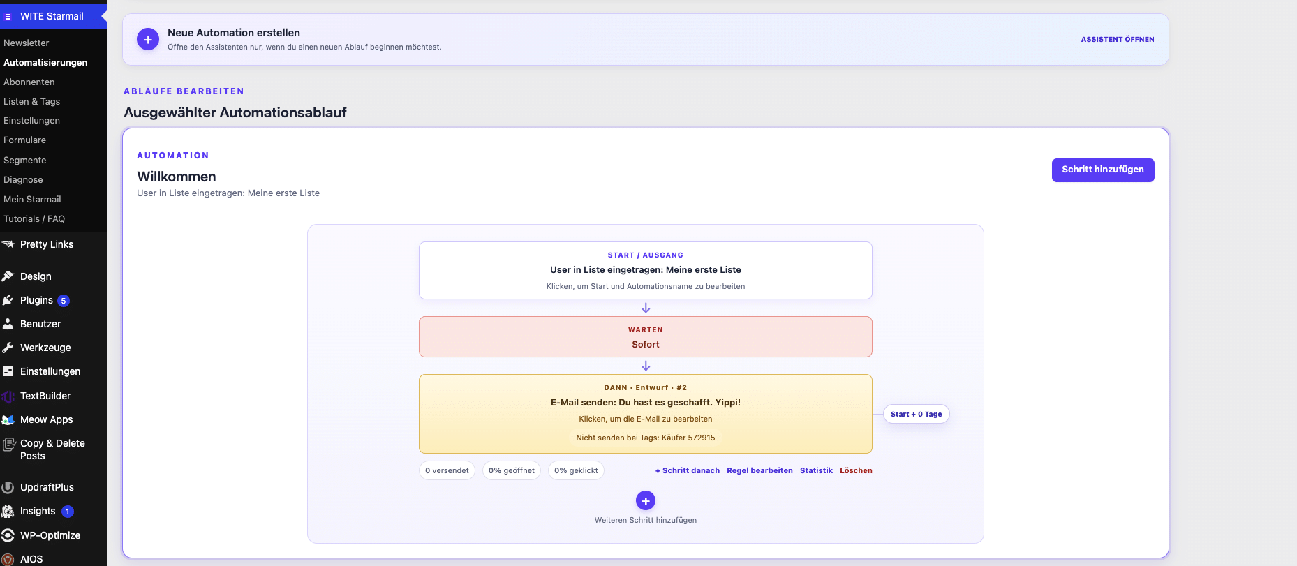 WITE Starmail Erfahrungen: Das Newsletter-Plugin für WordPress im Praxistest 6 WITE Starmail Automation: Willkommensmail nach Eintragung in eine Liste