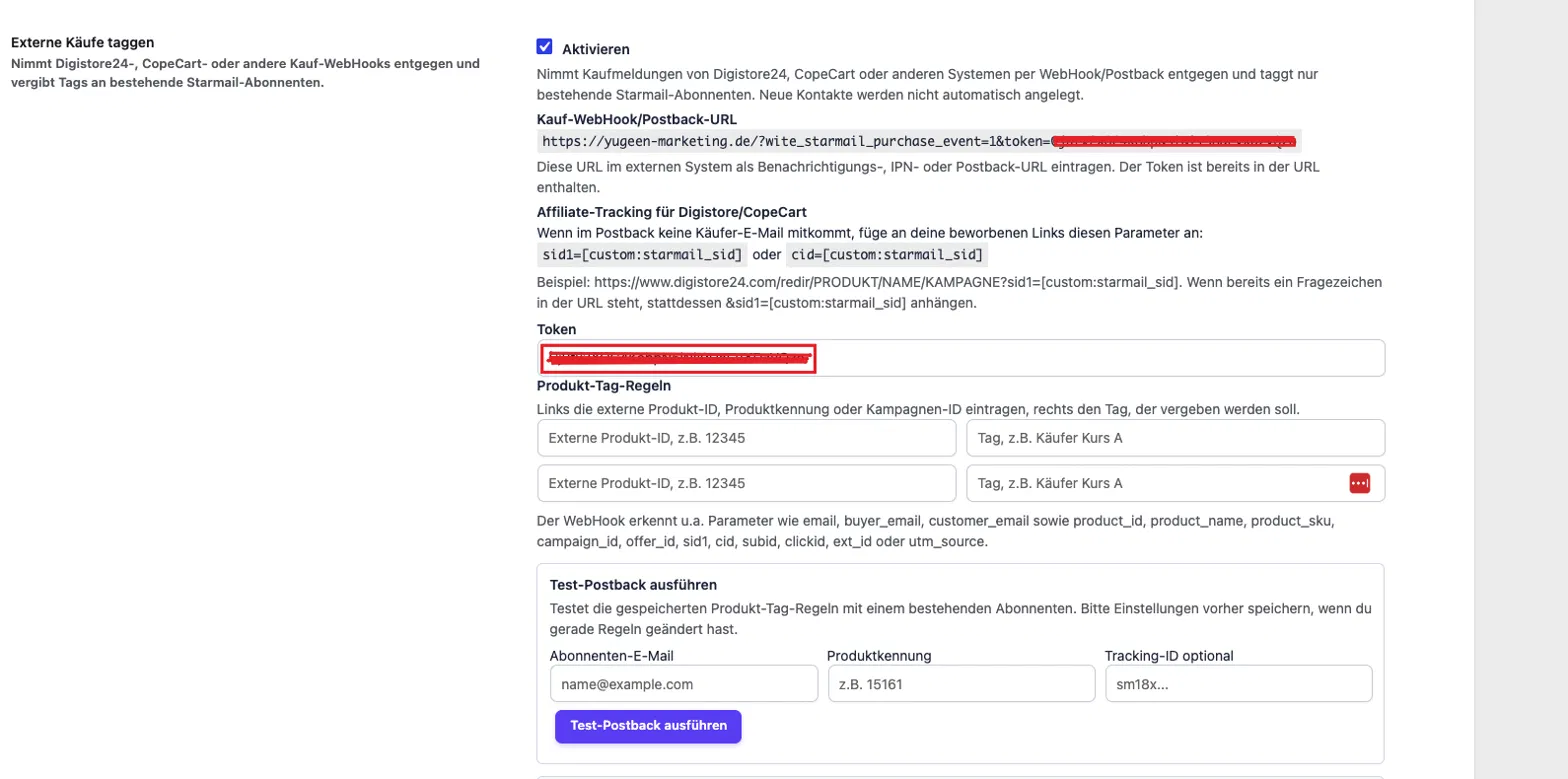 WITE Starmail Erfahrungen: Das Newsletter-Plugin für WordPress im Praxistest 9 WITE Starmail Einstellung Externe Käufe taggen per Digistore24-Webhook