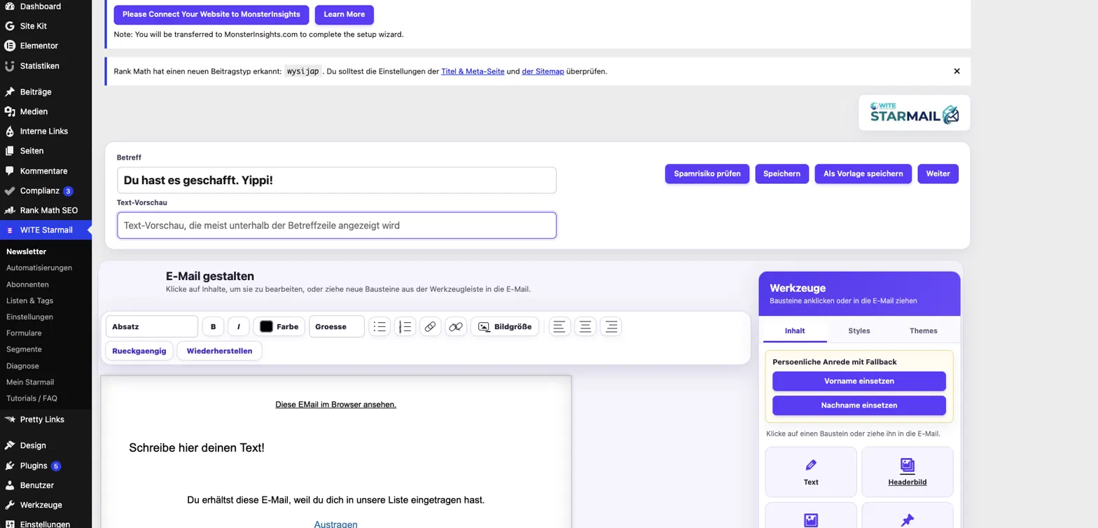 WITE Starmail Erfahrungen: Das Newsletter-Plugin für WordPress im Praxistest 4 WITE Starmail E-Mail-Editor mit Betreff, Text-Vorschau und Bausteinen